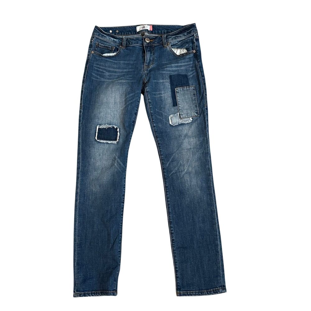 CABI Slim Boyfriend Medium Wash Jeans Distressed‎ Stretchy Patches Size 6